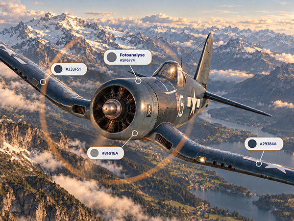 Propellerflugzeug über einer Berglandschaft mit markierten Farbtönen zur Fotoanalyse