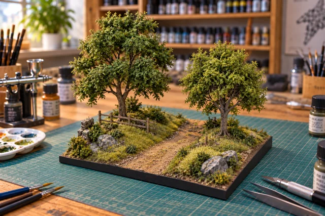 Miniaturdiorama mit Bäumen, Felsen und einem kleinen Weg