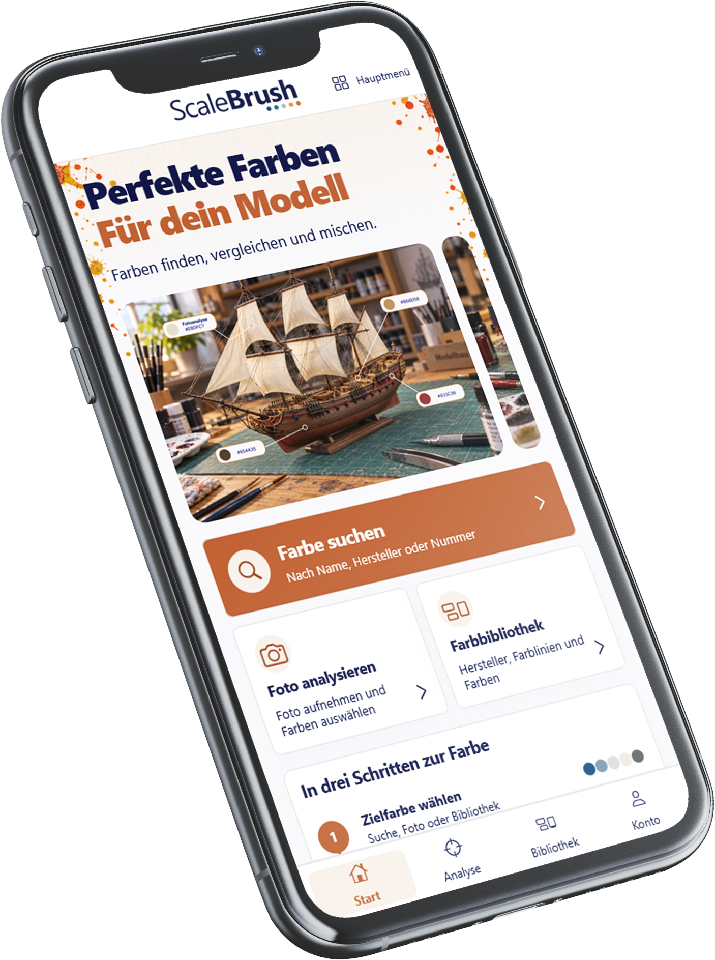 ScaleBrush-Startseite mit Modellgalerie, Farbsuche, Fotoanalyse und Farbbibliothek im Smartphone.