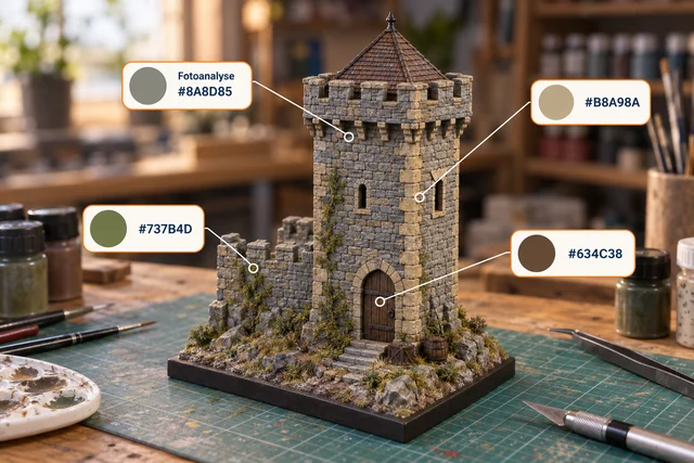 Miniaturburg mit Turm und Farbanalyse