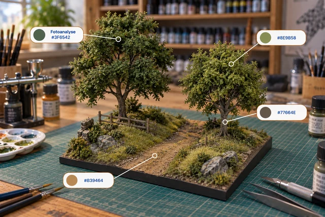 Miniaturlandschaft mit Bäumen, Weg und Farbanalyse