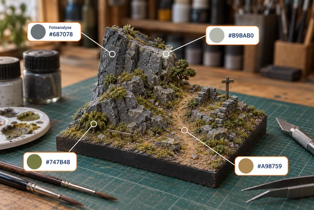 Miniaturfelslandschaft mit Ruine und Farbanalyse