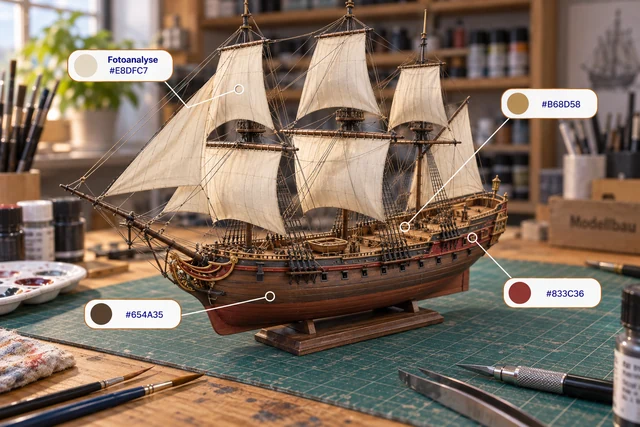 Historisches Segelschiffsmodell mit Farbanalyse