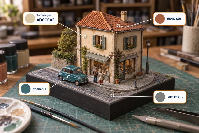 Miniaturstadtszene mit Haus, Auto und Farbanalyse