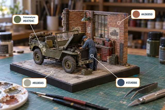 Miniaturwerkstatt mit Geländewagen, Mechaniker und Farbanalyse