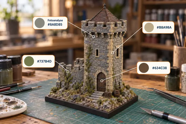Miniaturburg mit Turm und Farbanalyse