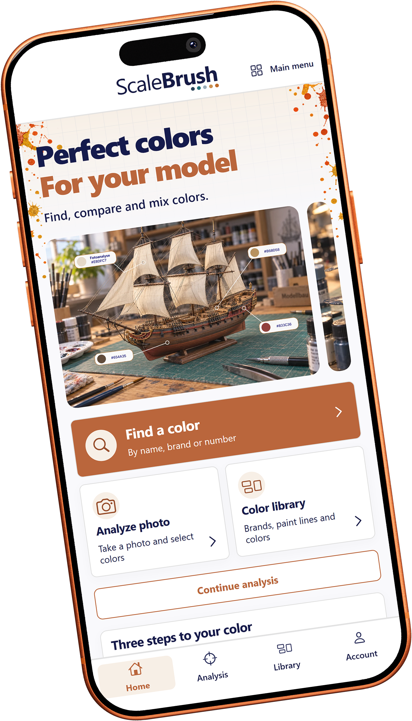 ScaleBrush home screen with model gallery, colour search, photo analysis and paint library on a smartphone.