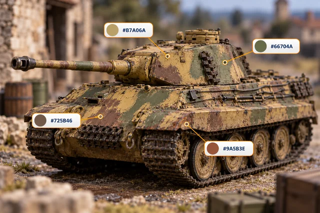 Weathered tank model in a ruined landscape with colour analysis