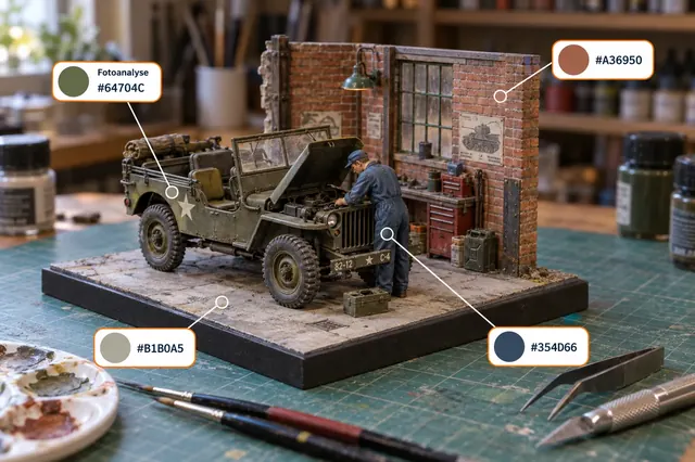 Miniaturwerkstatt mit Geländewagen, Mechaniker und Farbanalyse